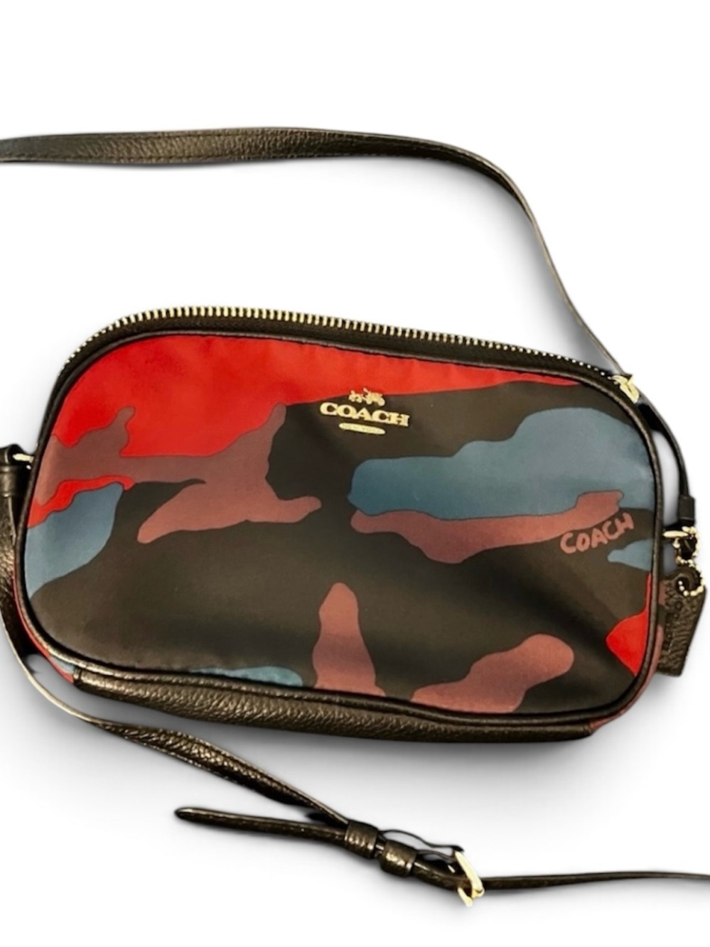 Coach Double Zip Crossbody | Red Multi Camo Print Canvas & Black Leather Crossbo